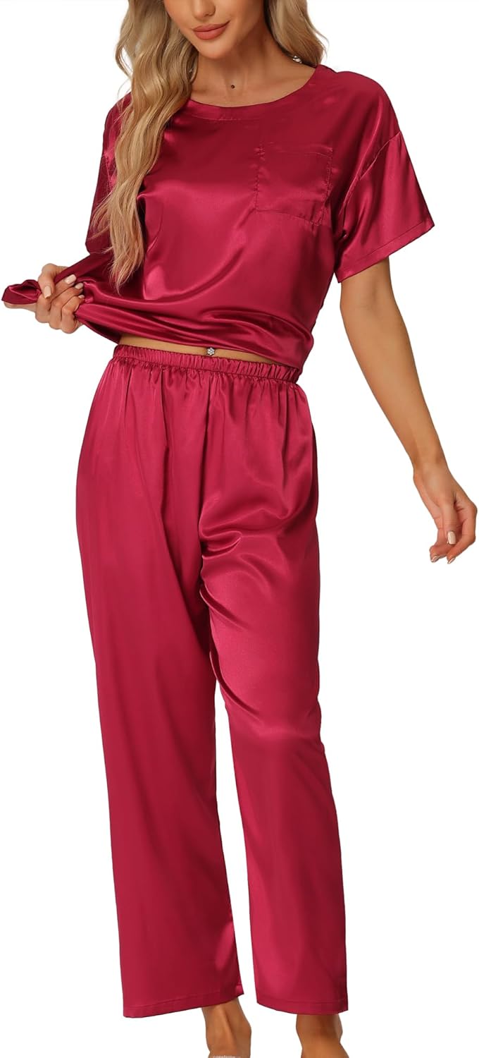 Cheibear Pigiama In Raso Da Donna Con Pois – Set Con Top A Maniche Corte E Pantaloncini, Abbigliamento Notte E Relax, Tinta Unita, Tasca Sul Petto