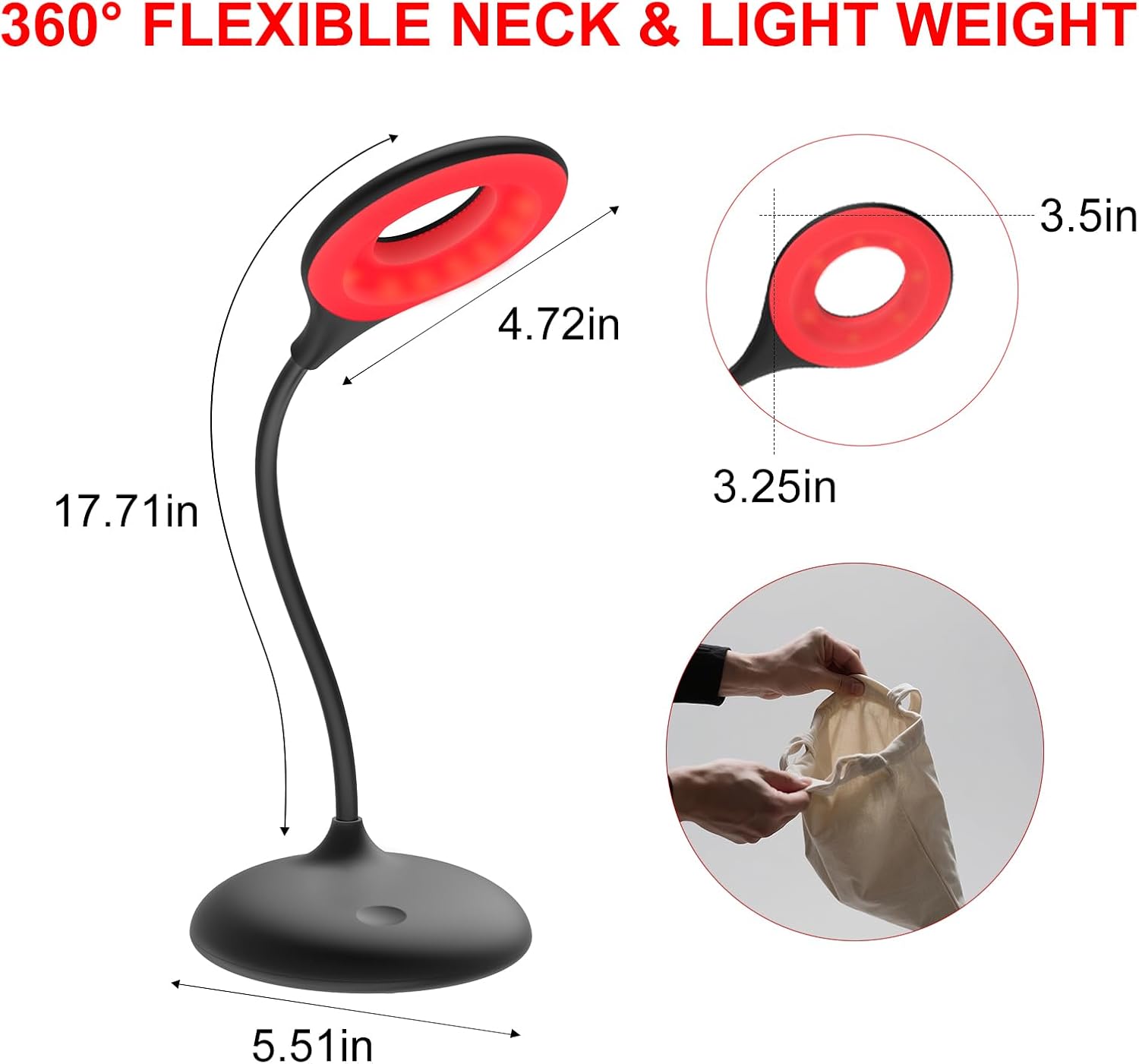 Red Light - No Blue Light Lamp - Modern LED Rechargeable Table Lamp - Rechargable Desk Lamp - Table Lamp for Whole House - Bedside Touch Lamp - No Flicker LED (630nm Red), Black