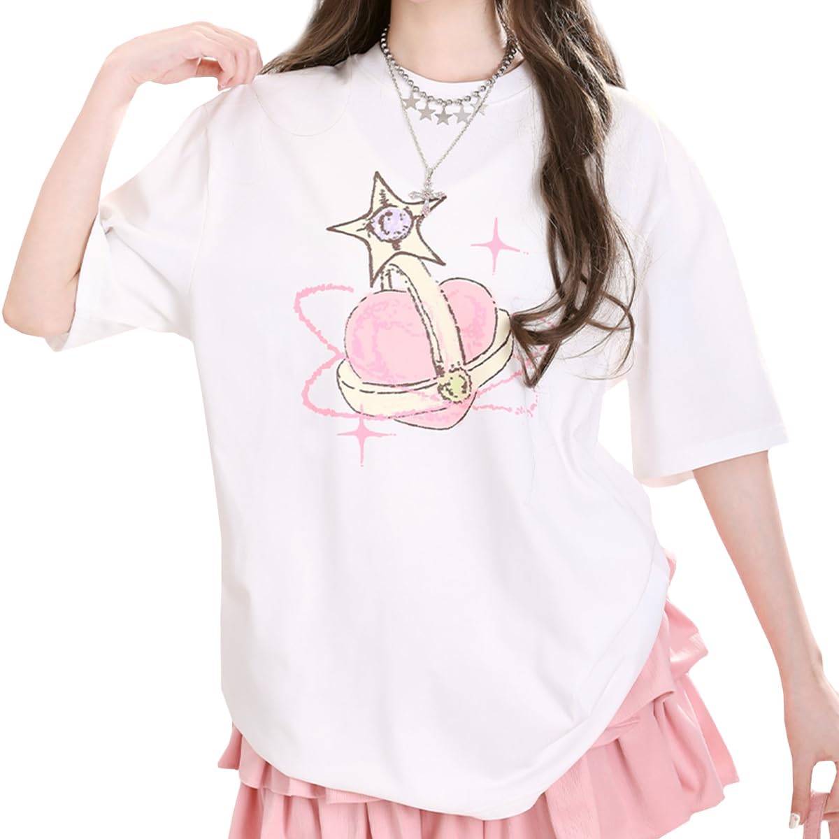 Harajuku Women's Round Neck Casual Short Sleeve Cute Y2K Aesthetic Heart Graphic Loose Women's T-Shirt