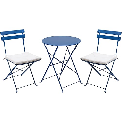 Grand patio 3-Piece Bistro Set Folding Outdoor Furniture Sets Portable Design for Bistro & Balcony (Peacock Blue with Cushion)