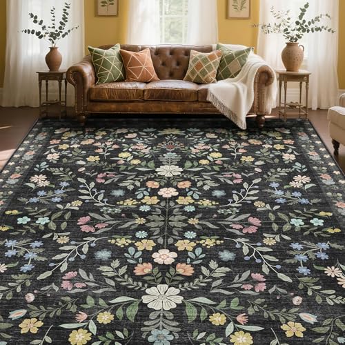 XSIVOD Floral Rugs for Living Room, Boho Washable Area Rugs for Bedroom, Non Slip Vintage Rugs for Dining Room Home Office, Soft Low Pile Floor Carpet for Home Decor, 180x270 cm, Black/Harmony