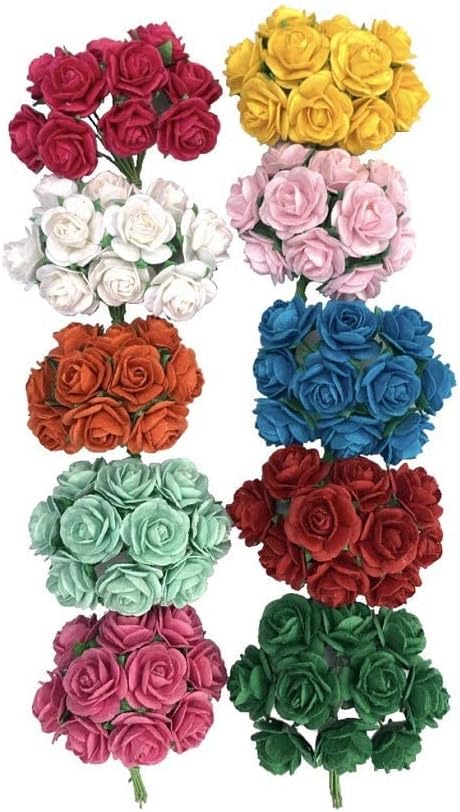 WADSUWAN SHOP 100 Pcs Artificial Mulberry Paper Rose Flower Wedding Scrapbook 1.8cm DIY Craft Scrapbook Scrapbooking Bouquet Craft Stem Mini Roses (10 Colors)
