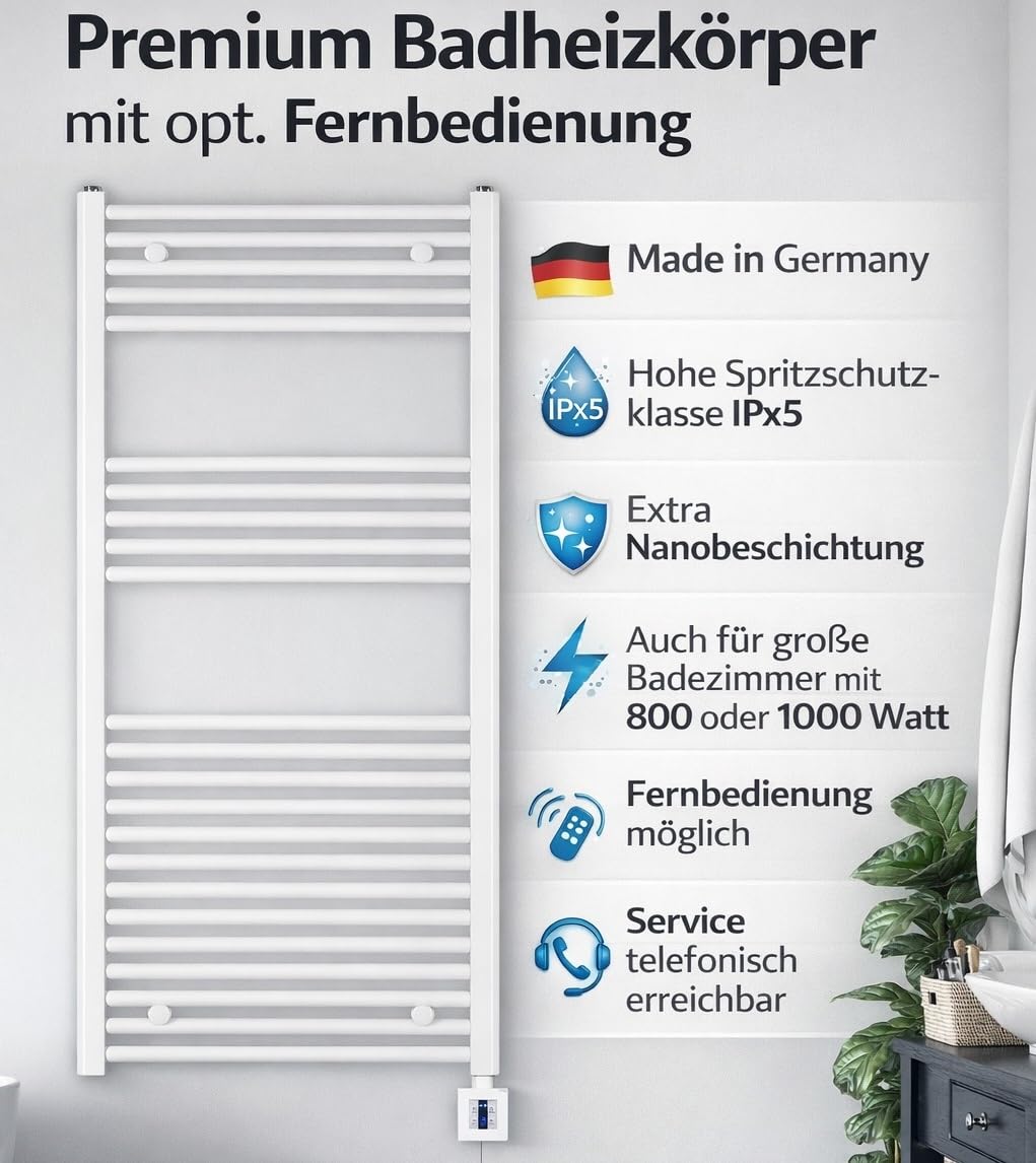 anapont elektrischer Badheizkörper 1475x600 weiß gerade Timer-Funktion Made in Germany
