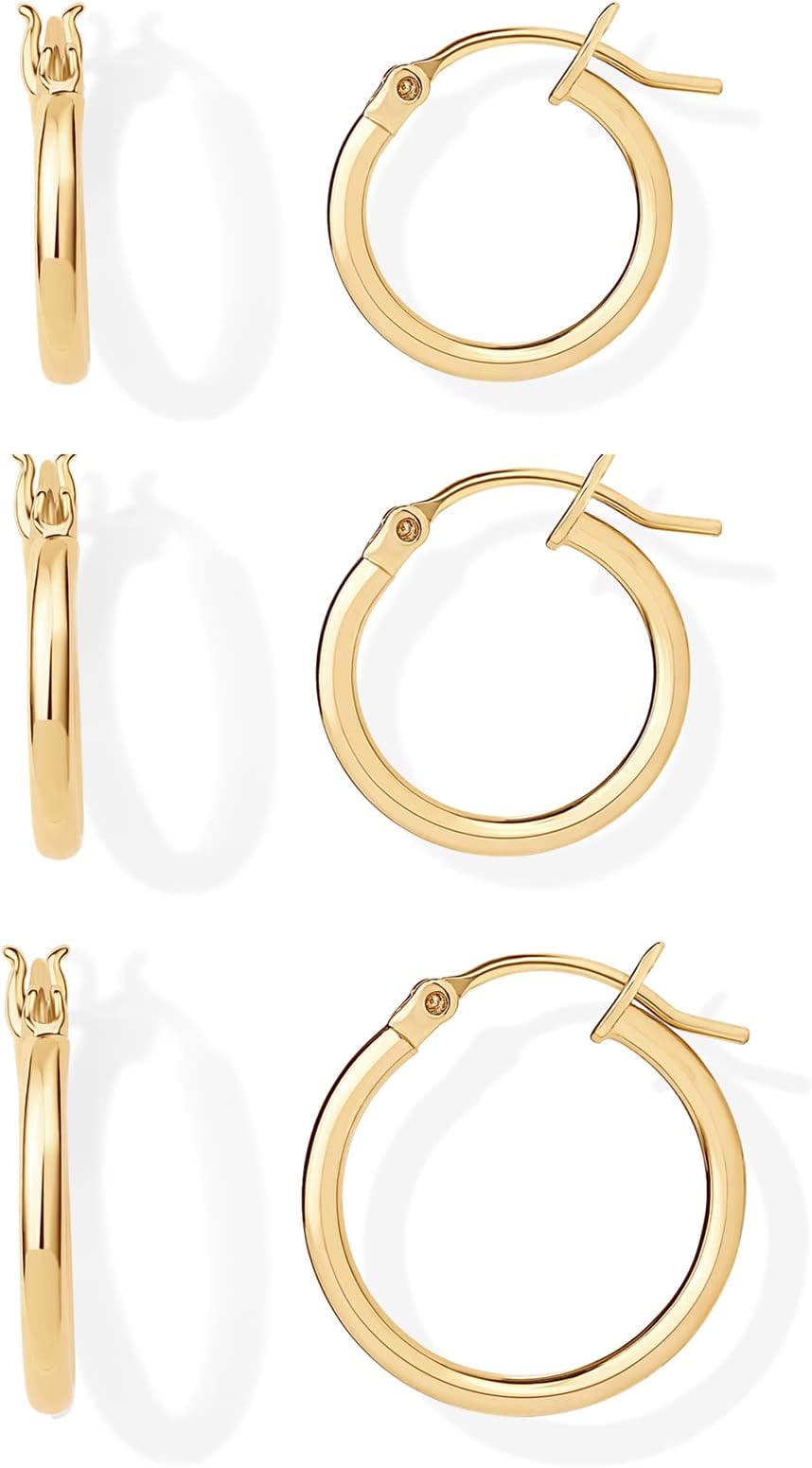 18K Gold Plated 925 Sterling Silver Posts Small Hoop Earrings for Women - Trendy Geometric Plain Chunky Huggie Earscape Piercing Pack - Hypoallergenic Everyday Gold Hoop Earrings Set