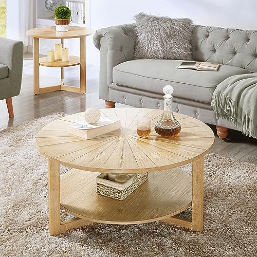 Ds-Homeport Round Coffee Tables Living Room With Storage, Wood Circle Coffee Table Suit For Farmhouse And Bedroom, Natural Wood #TOP17