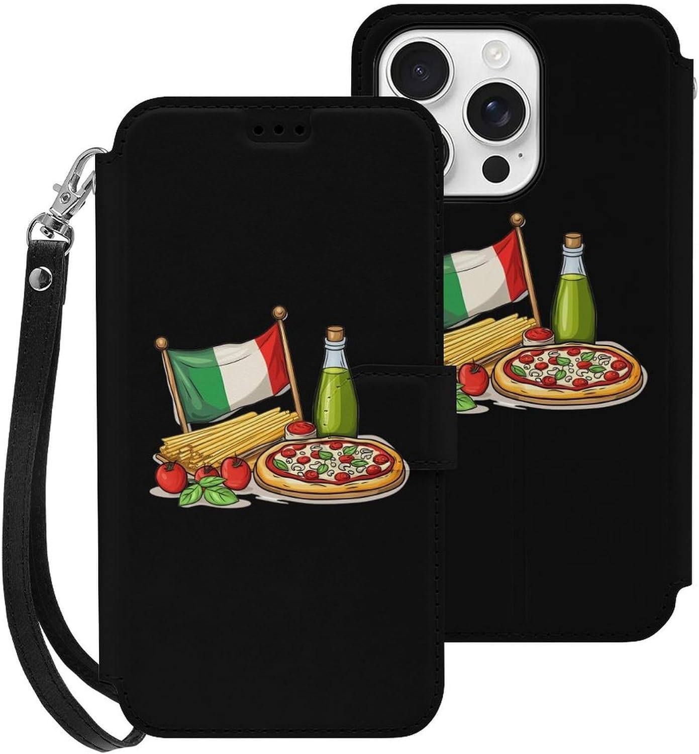 Italian Food Theme Compatible with iPhone 16/16 Plus/16 Pro/16 Pro Max/16 E Case Phone Wallet Card Holder Flip Cover with Wrist Strap