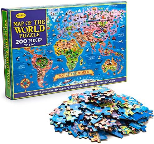 MAZYPO 200 Pieces World Map Puzzle for Kids & Adults, World Map Jigsaw Puzzle Floor Puzzles Toddler Geography Educational Toys for Boys and Girls, Globe Atlas Puzzle Maps for Kids Learning Games
