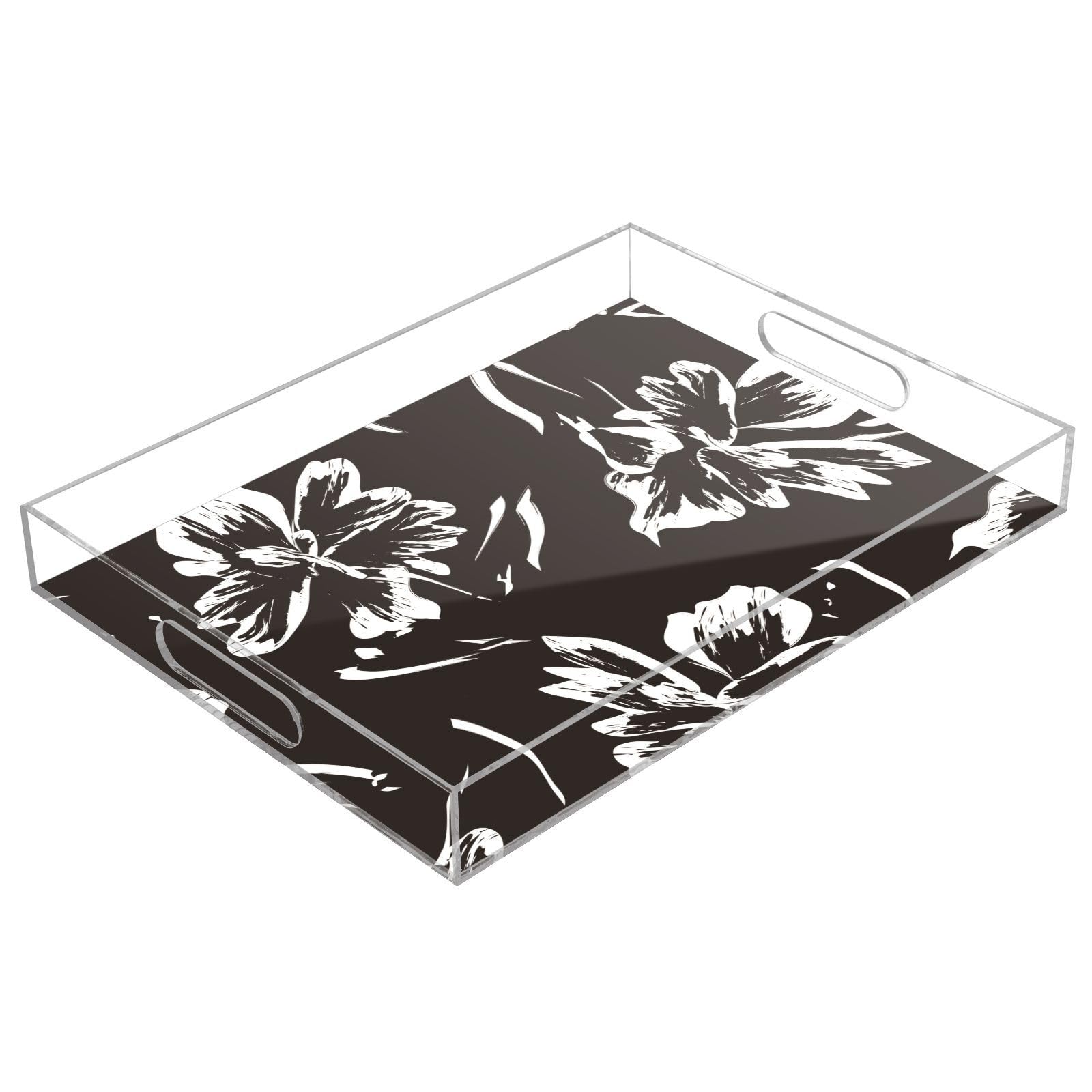 Bandeja de acrílico transparente con asas, bandeja de desayuno de acrílico transparente con patrón de trazos florales, bandeja de desayuno impermeable, bandejas transparentes para servir de 12 x 16