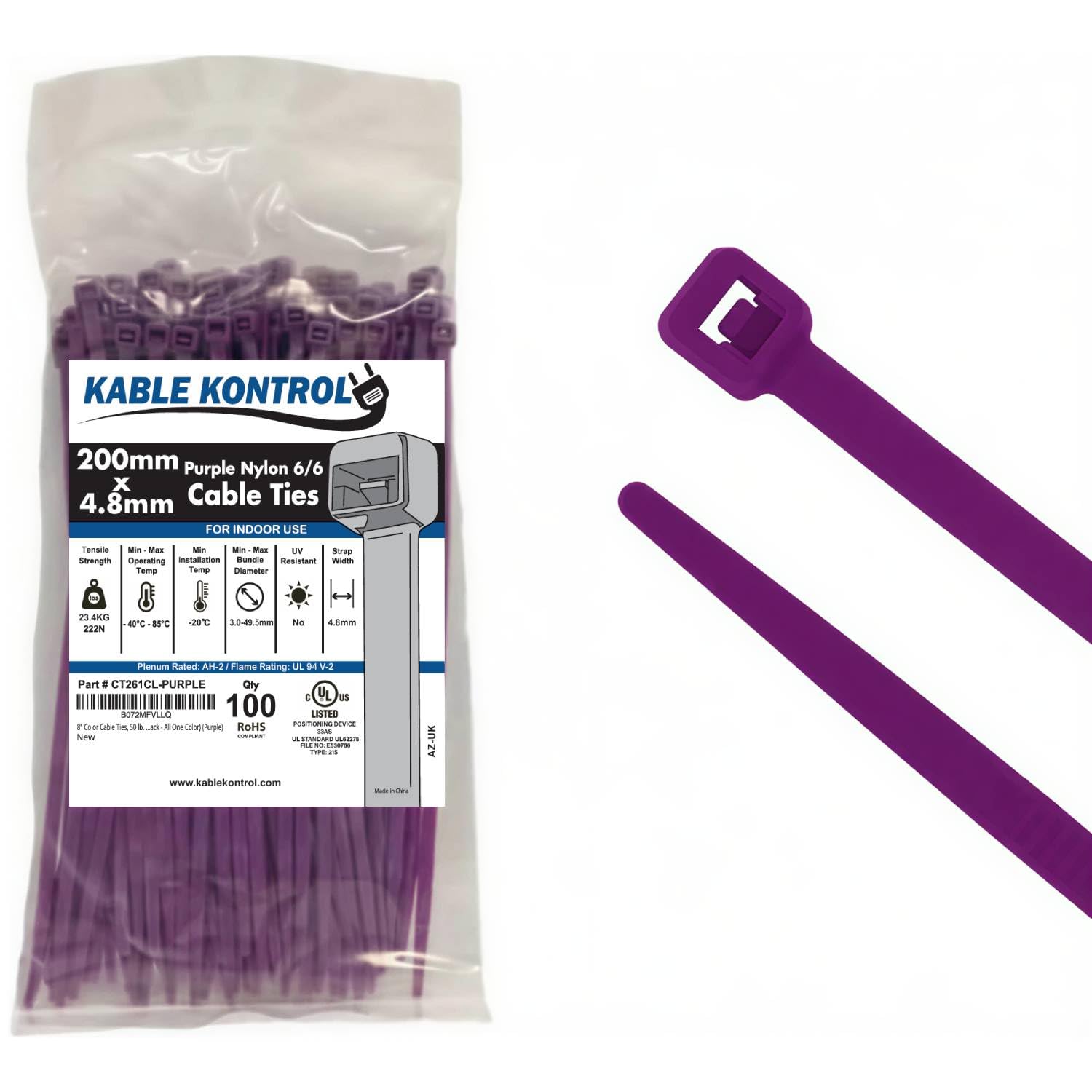 Kable Kontrol Purple Cable Ties, 200 mm x 4.8 mm, Pack of 100, 8" Premium Nylon Zip Ties, Multi-Purpose Plastic Tie Wraps, Secure Self-Locking Mechanism, for Home, Garden, Office and DIY