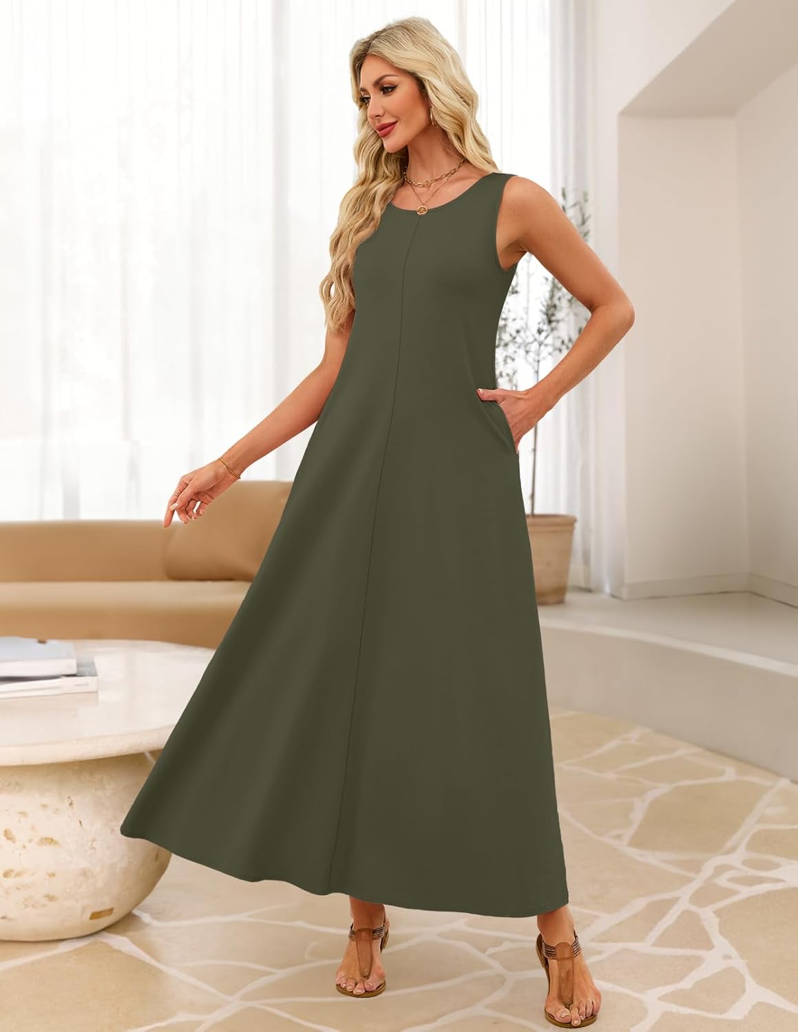 MEROKEETY Women's 2026 Summer Maxi Dress Sleeveless Crewneck Casual Loose Beach Vacation Basic Long Sundress - Image 4