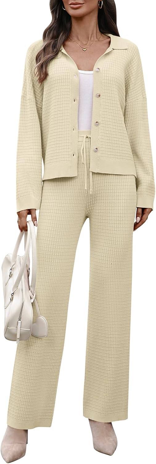 Womens 2 Piece Outfits Textured Knit Sweater Sets Button Down Cardigan and Pants Matching Lounge Set