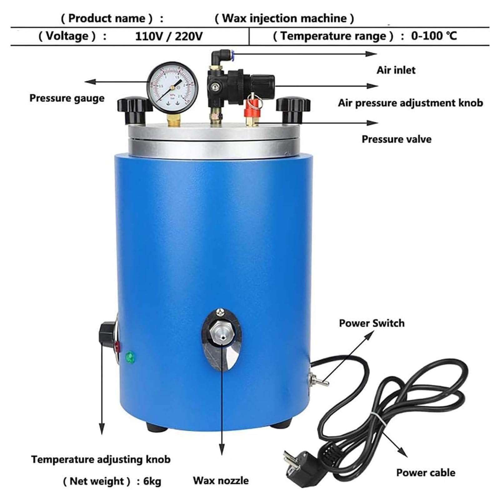 Wtryskiwacz wosku próżniowego 2,2 l, maszyna do wtrysku wosku o mocy 350 W, regulowana temperatura formowania wosku 0-110°C, narzędzie do formowania biżuterii z użyciem wtrysku wosku