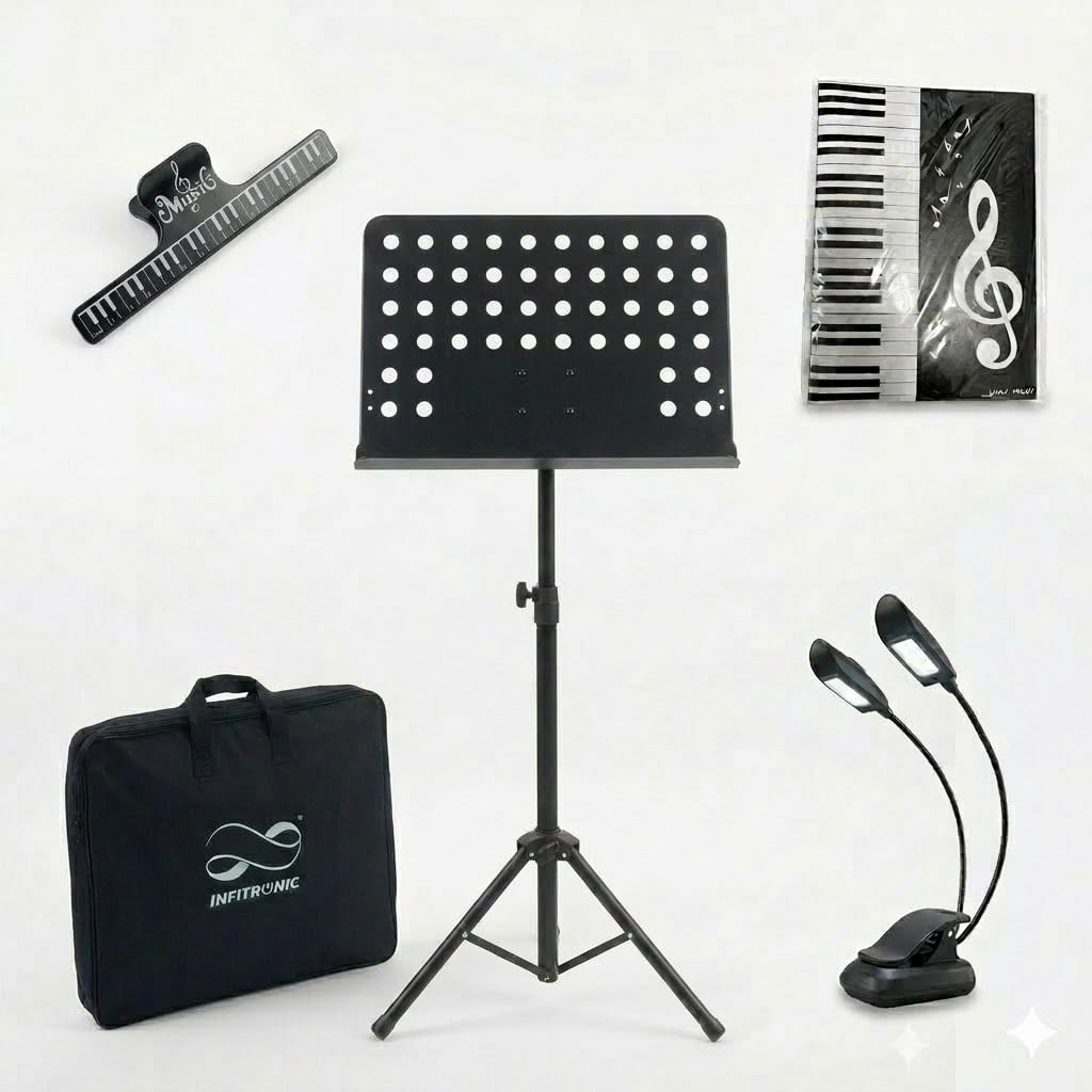 Infitronic INNPBSET01 – Atril para partituras de orquesta negro – Altura ajustable (83 – 150 cm), atril estable con bandeja perforada y bolsa de transporte, luz para atril + clip para partituras +
