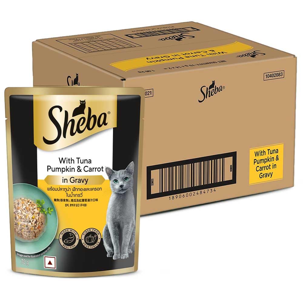 Sheba Fine Premium Adult (1+ Years) Wet Cat Food, Tuna Pumpkin & Carrot in Gravy, 70 g Pouch (Pack of 28), High-moisture gravy cat food for healthy hydration