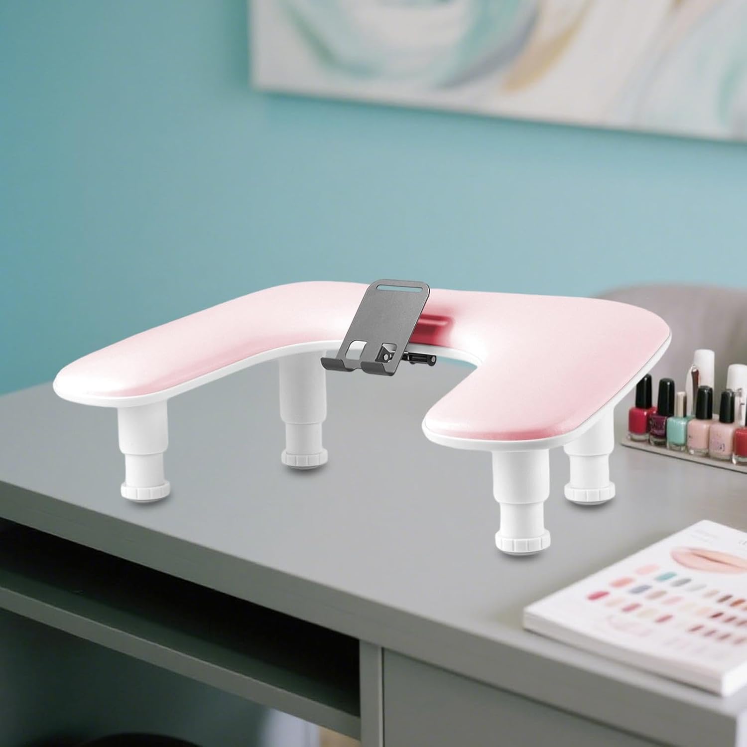 Ergonomic Manicure And Nail Armrest with Mobile Phone Holder, Faux Leather, Professional, for Home And, Pink