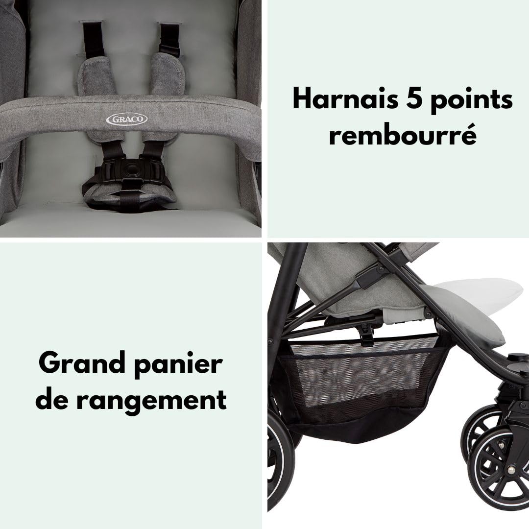 Graco EezeFold DLX – Poussette Compacte et Légère | Pliage à une Main, Suspension 4 Roues, Position Allongée, Grand Panier – Coloris Lunar Grey