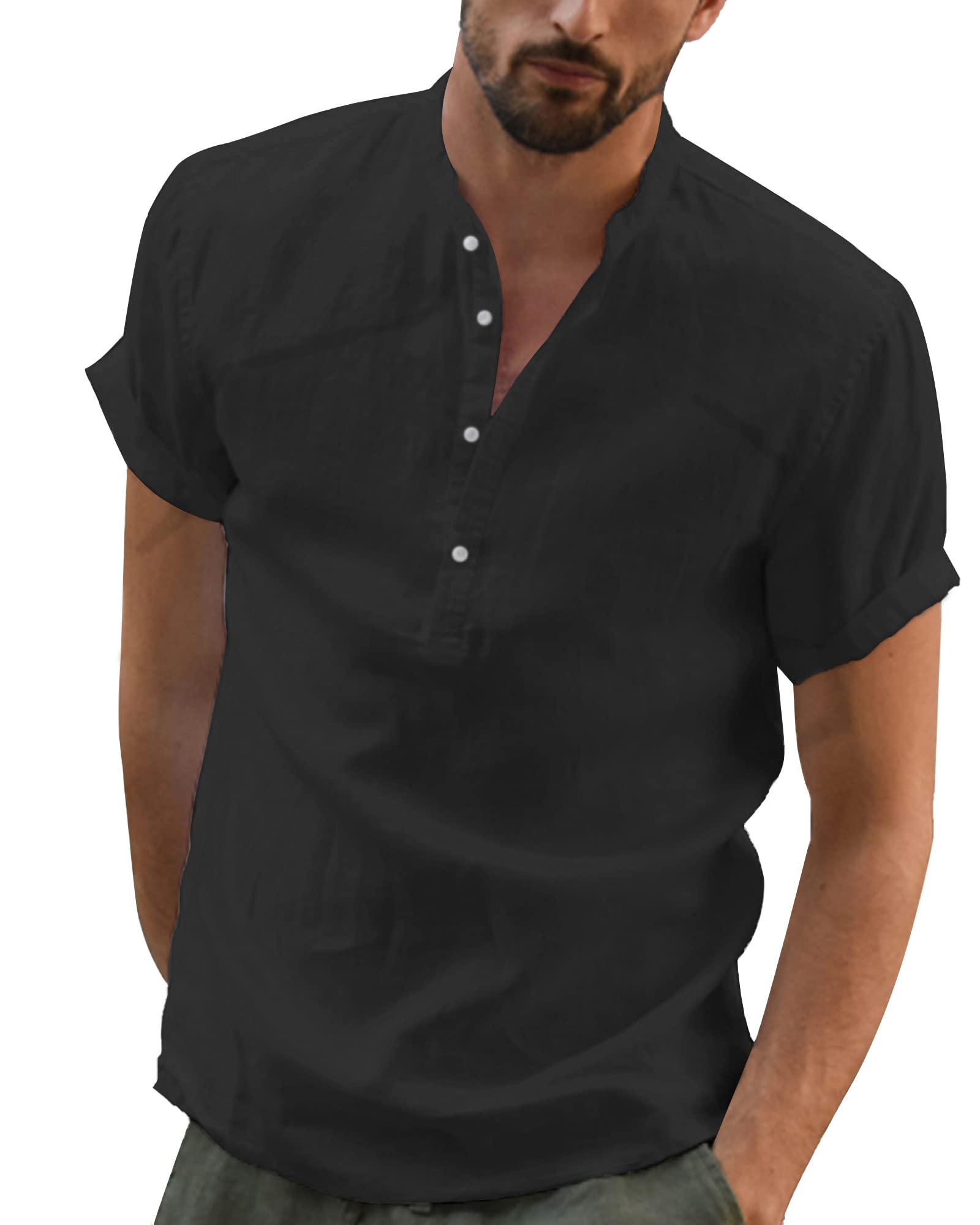 YAOBAOLE Camisa de lino de manga corta con cuello Mao Camisa de verano para hombre ligero de algodón y lino Camisa de playa clásica casual Henley Shirt