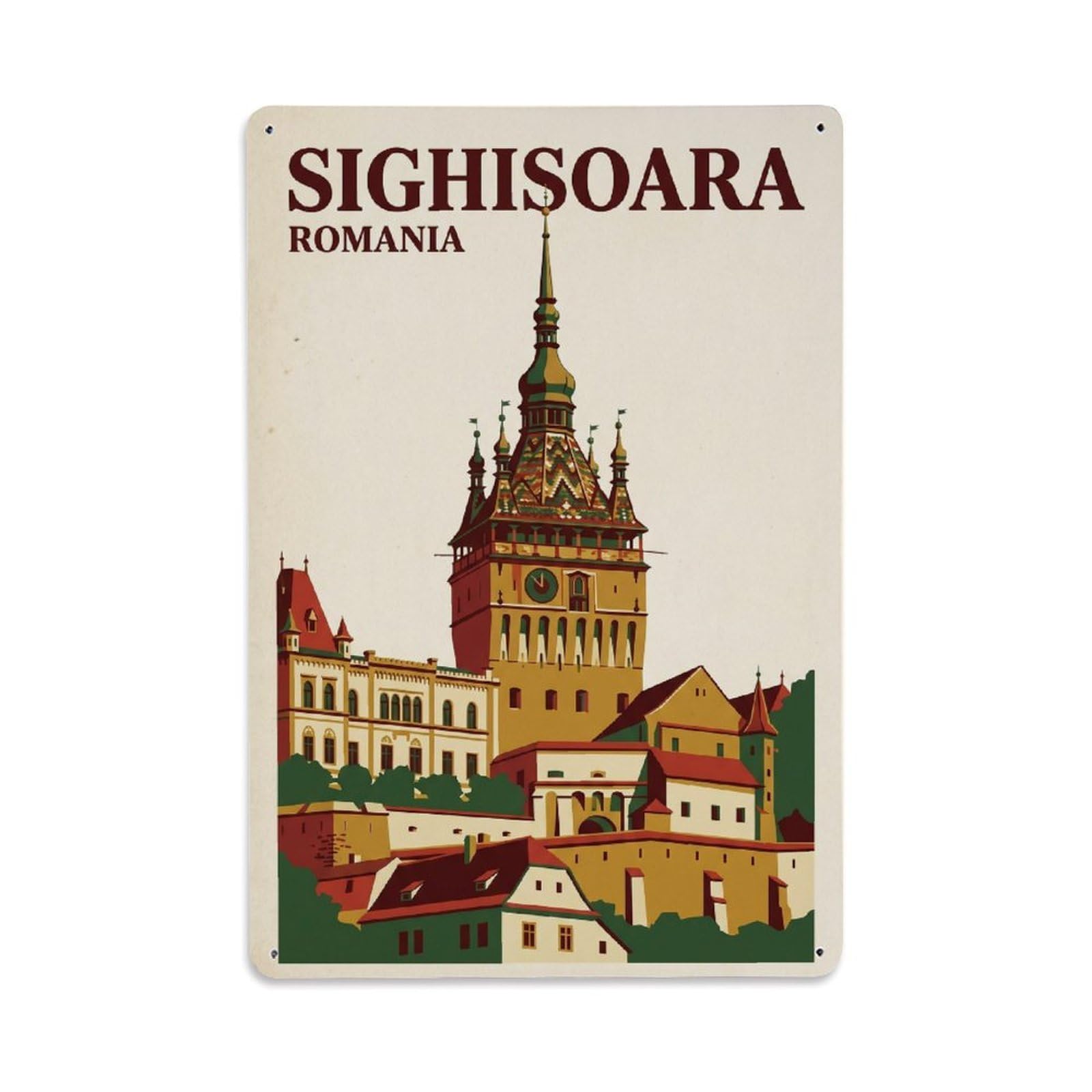 Vintage Romania Sighisoara Metal Tin Sign Plaque Wall Decor for Cafe, Club Bar, Office, Garden Metal Poster 8x12Inch
