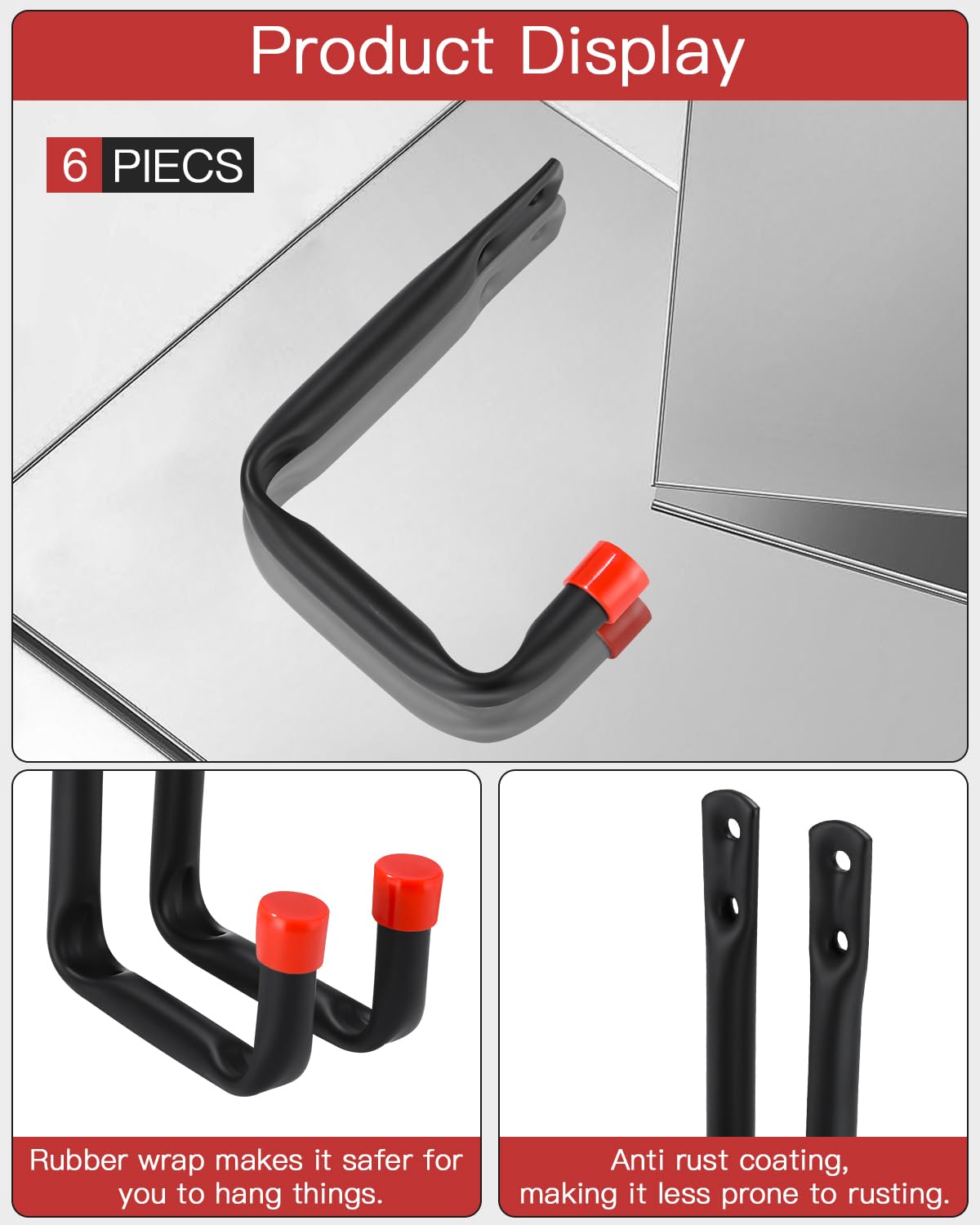 6 Crochets Muraux Garage Robustes En Acier Carbone Noir - Support Vélo, Outils, Rangement Encombrants