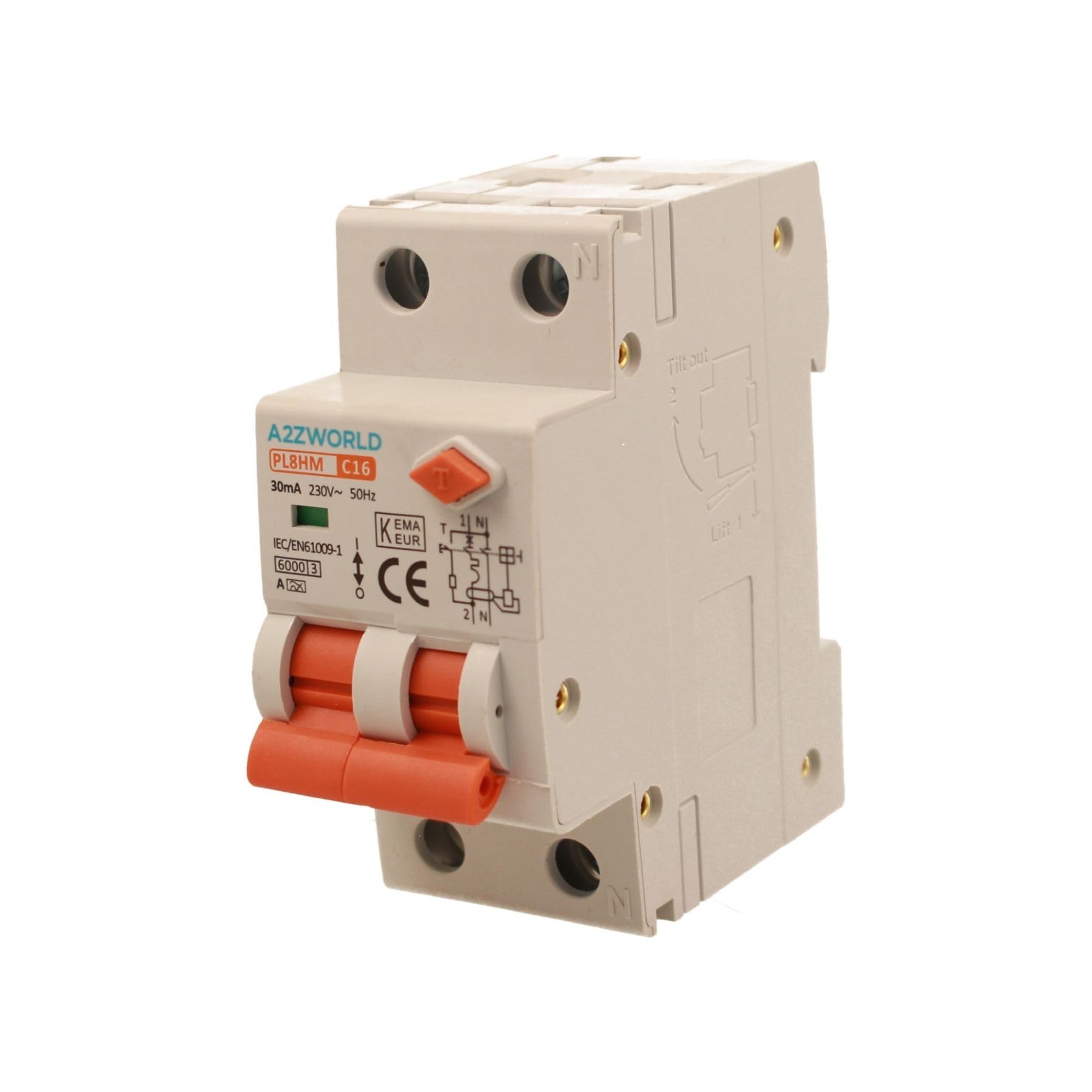 Interruptor diferencial magnetotérmico tipo A 16 A C16, RCBO 1P + N 6 kA 30 mA curva C, doble palanca con diagnóstico visual, 2 módulos DIN, serie PL8HM electromagnética