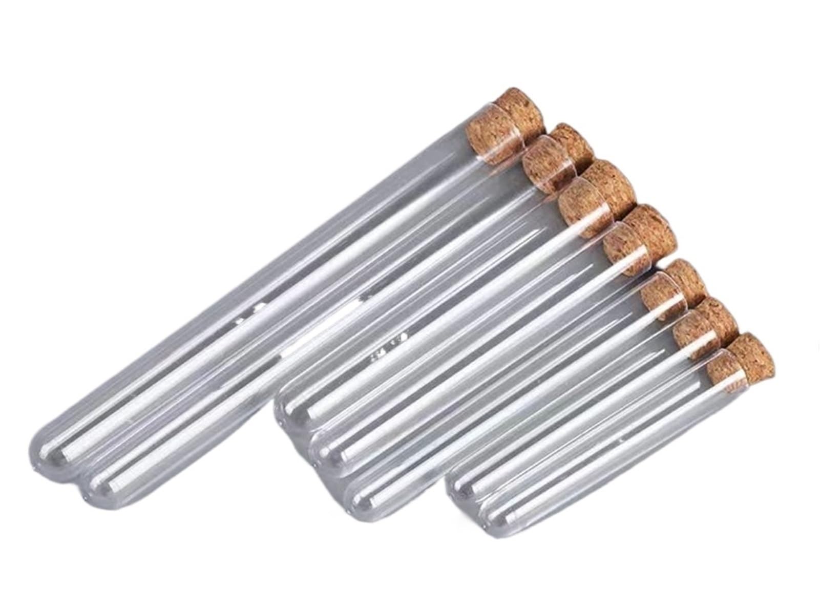 Tubo de ensayo de Vidrio de Fondo Redondo de 15 x 100 mm con tapón de Corcho, 100 Unidades por Paquete.