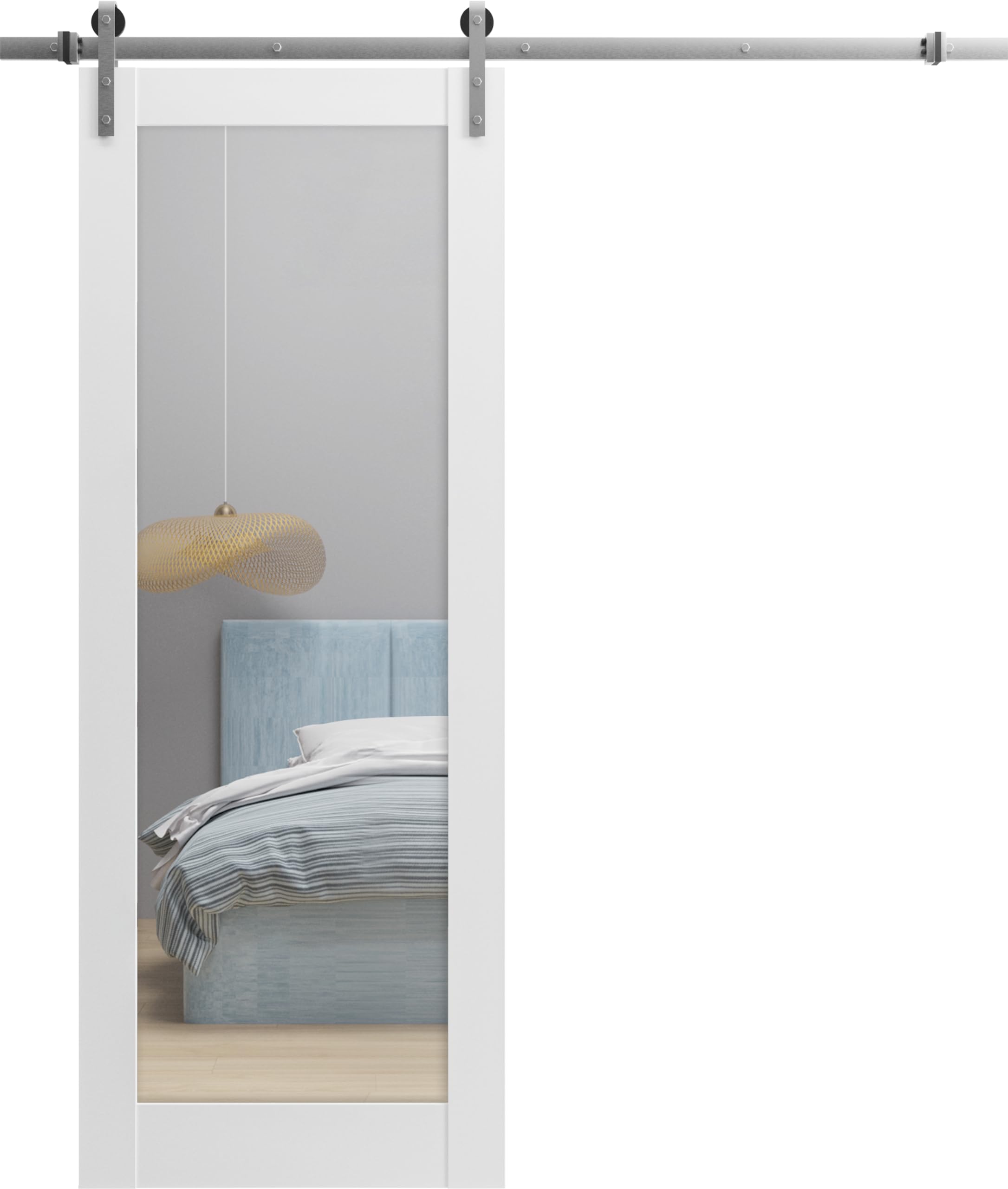 SARTODOORS Sturdy Barn Door 24 x 84 inches | Lucia 1299 White Silk with Mirror | Stainless Steel 6.6FT Rail Hangers Heavy Set | Solid Panel Interior Doors