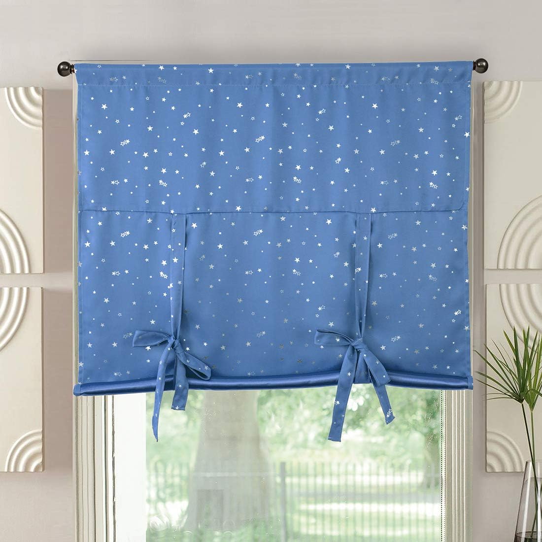 63" Blackout Metal Silver Star Pattern Adjustable Tie Up Thick Rod Pocket Solid Thermal Insulated Curtain Window Treatment Roman Shades Kitchen Living Room Kids Curtains, 1 Panel, 63 inch, Blue