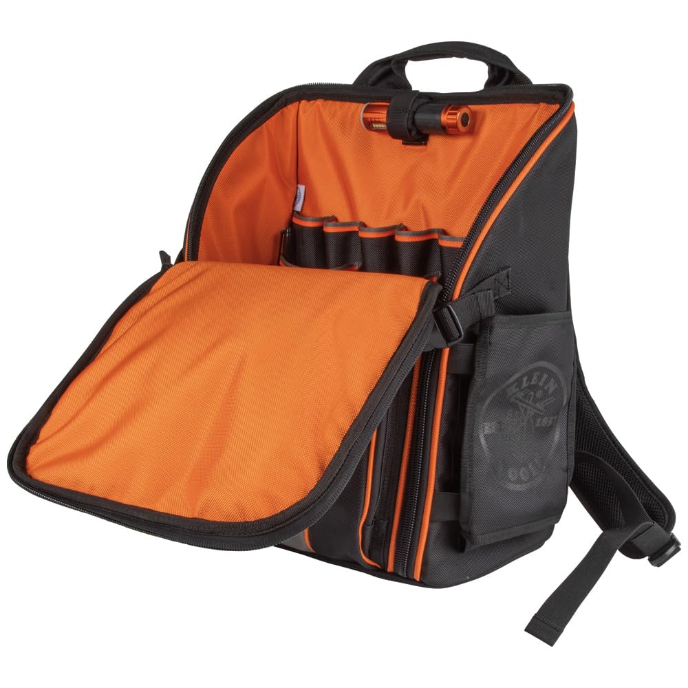 Klein Tools Mochila bolsa de trabajo resistente, organizador de herramientas, 21 bolsillos e interior grande, incluye linterna con luz de trabajo 55655