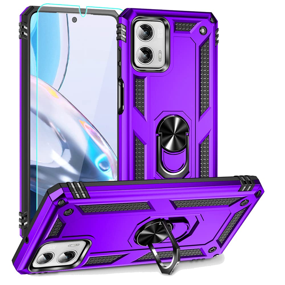 Androgate for Moto G Power 5G 2023 Case with HD Screen Protector, Military-Grade Metal Ring Kickstand 15ft Drop Tested Shockproof Cover Case for Motorola Moto G Power 5G 2023, Purple