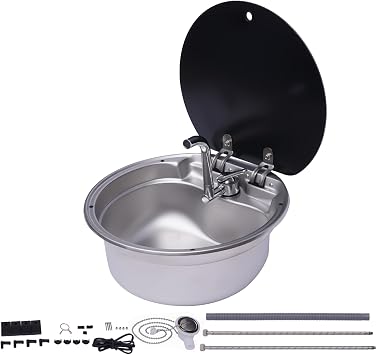 Single Bowl Rv Hand Wash Round Basin Sink with Folded Faucet Tempered Glass Lid, Fit for Compatible with Rv Caravan Camper Kitchen Stainless Steel Sink