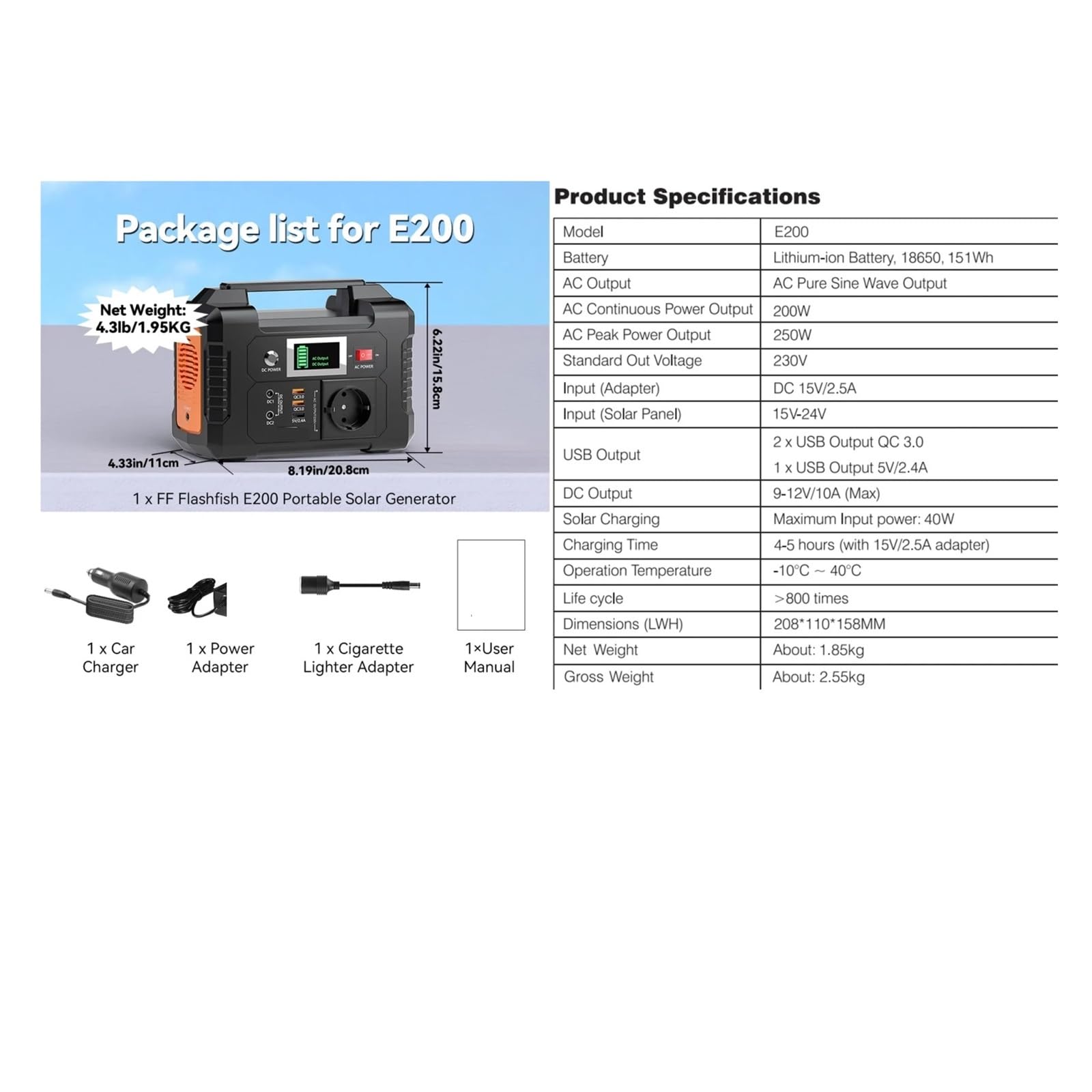 Centrale Électrique Portable E200 200W 151Wh, Générateur Solaire 230V AC DC, Alimentation Par Batterie For L'extérieur For Drone À Panneaux Solaires Recharge Ultra Rapide