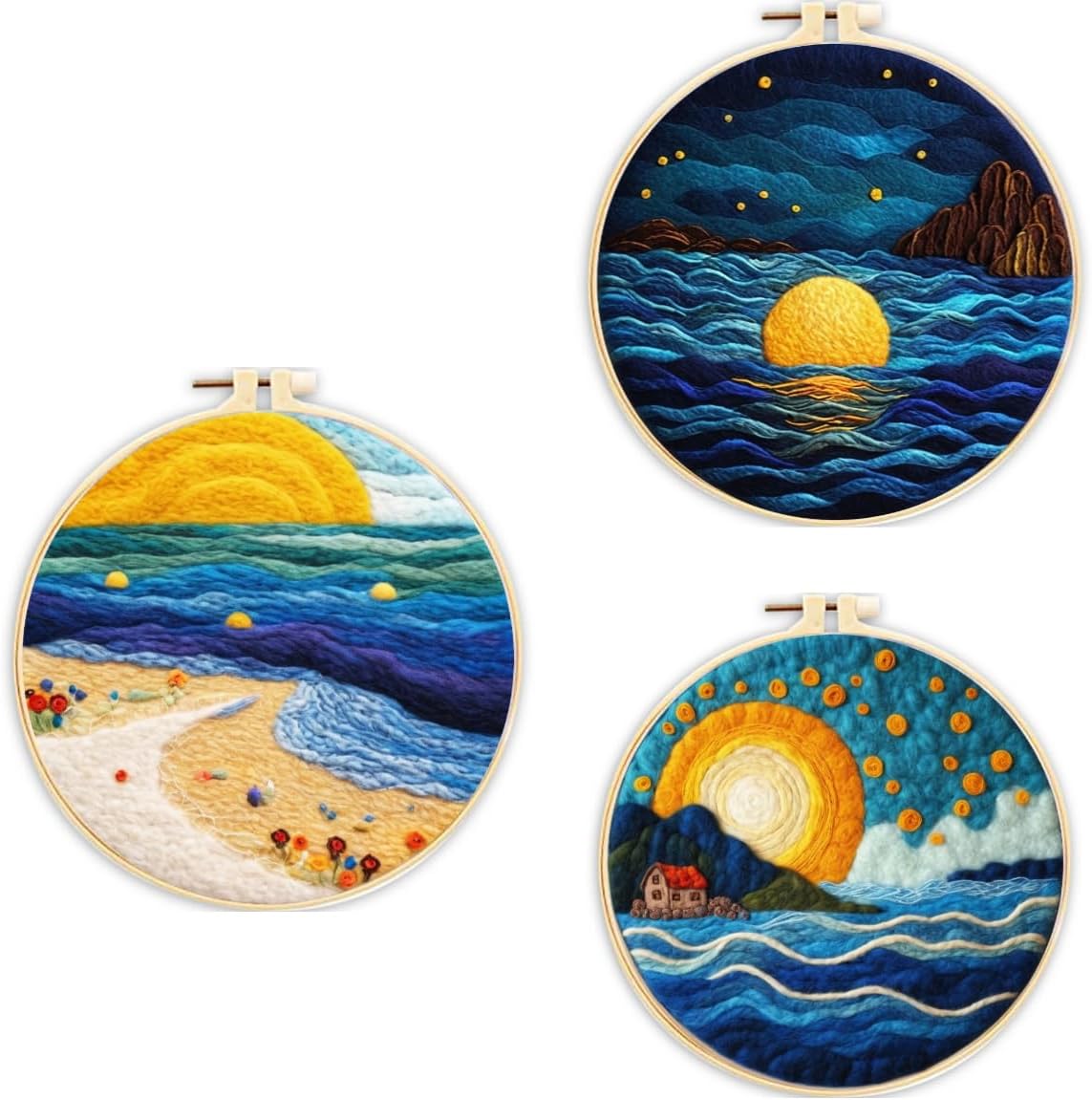 3 Sets Wool Felt Sets Seascape Scenery Needle Felting Kits DIY Handmade Wool Felt Painting Kits Home Decor Needle Felt Starter Sets Gifts with Instructions and Foam Pad for Beginners (Blue)