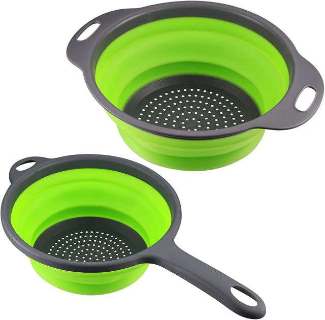 2 Pcs Collapsible Colander with Handle, Colanders & Food Strainers, Silicone Drain Basket Vegetable Fruit Drain Basket, Collapsible Kitchen Strainer for Draining Pasta, Fruits, Vegetable