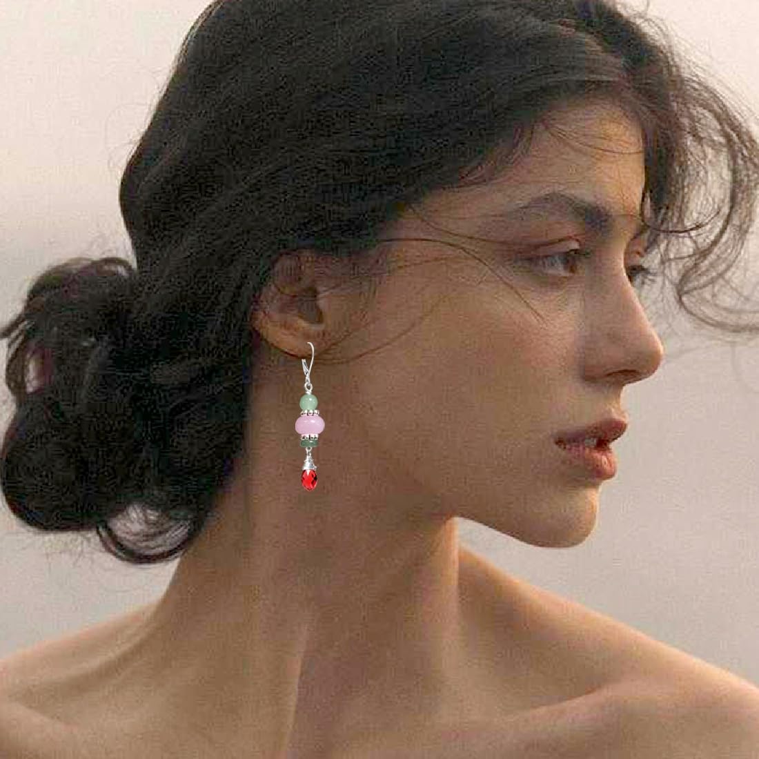 Natural Stone Beads Drop Earrings,Silver Dainty Genuine Real Gemstone Quartz Crystal Dangle Earrings for Women - Image 2