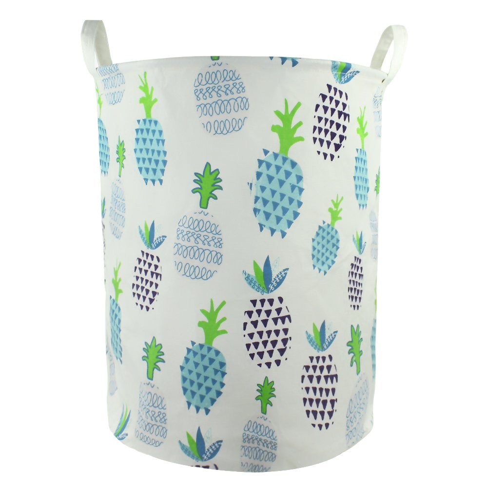 Orino 19 x 16.5 Inches Extra Large Canvas Fabric Folding Storage bin with Handle Waterproof Home Decor Laundry Hamper Organize Pineapple Storage Baskets for Dirty Clothes, Toy (Blue)