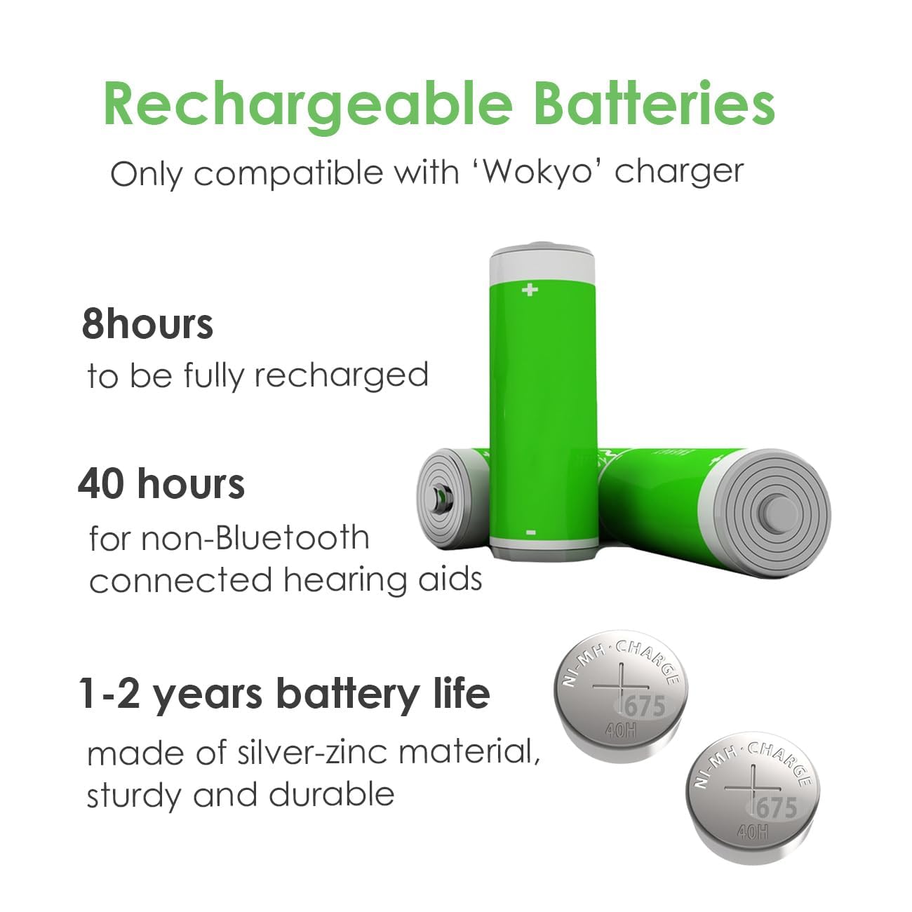Wokyo Lot de 4 piles rechargeables 675 pour appareils auditifs 675, compatibles avec l'étui de chargement de la même marque uniquement