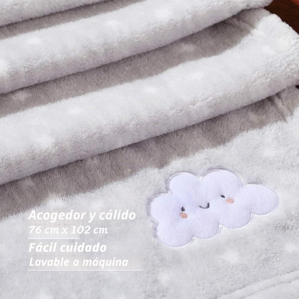 CREVENT - Manta Polar Suave, Ligera y Agradable para la Cuna. Ideal para bebés y niños pequeños, Unisex (75 x 100 cm, Color Gris con el Bordado de una Nube)