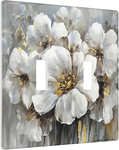 Miniatura 9 de Blanco Gris Floral Con Oro 2 Gang Doble Rocker Placa De Pared Flor Acuarela Interruptor De Luz Cubierta Decorativa Enchufe Tapas Para Tomacorrientes