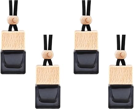 4 Pcs Hanging Car Air Freshener Bottles, Empty Black Glass Diffuser with Essential Oil - Refillable Aromatherapy Pendant for Auto, Home, Office Decor Square, Cube Shape