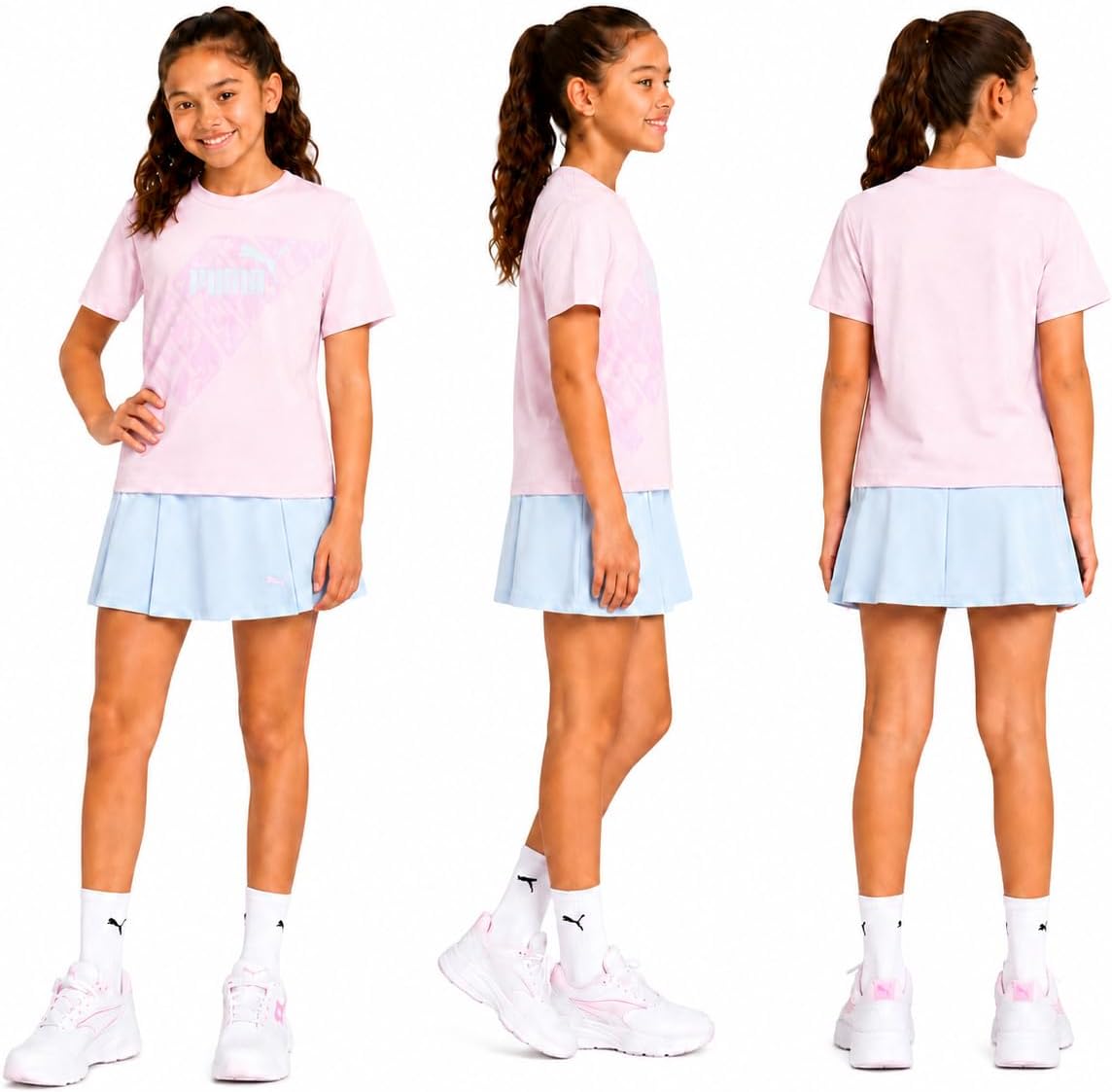 PUMA Girls Athletic Skort Set - 2 Piece Workout Set Active Skirt with Shorts & Short Sleeve T-Shirt Girls Athletic Outfit
