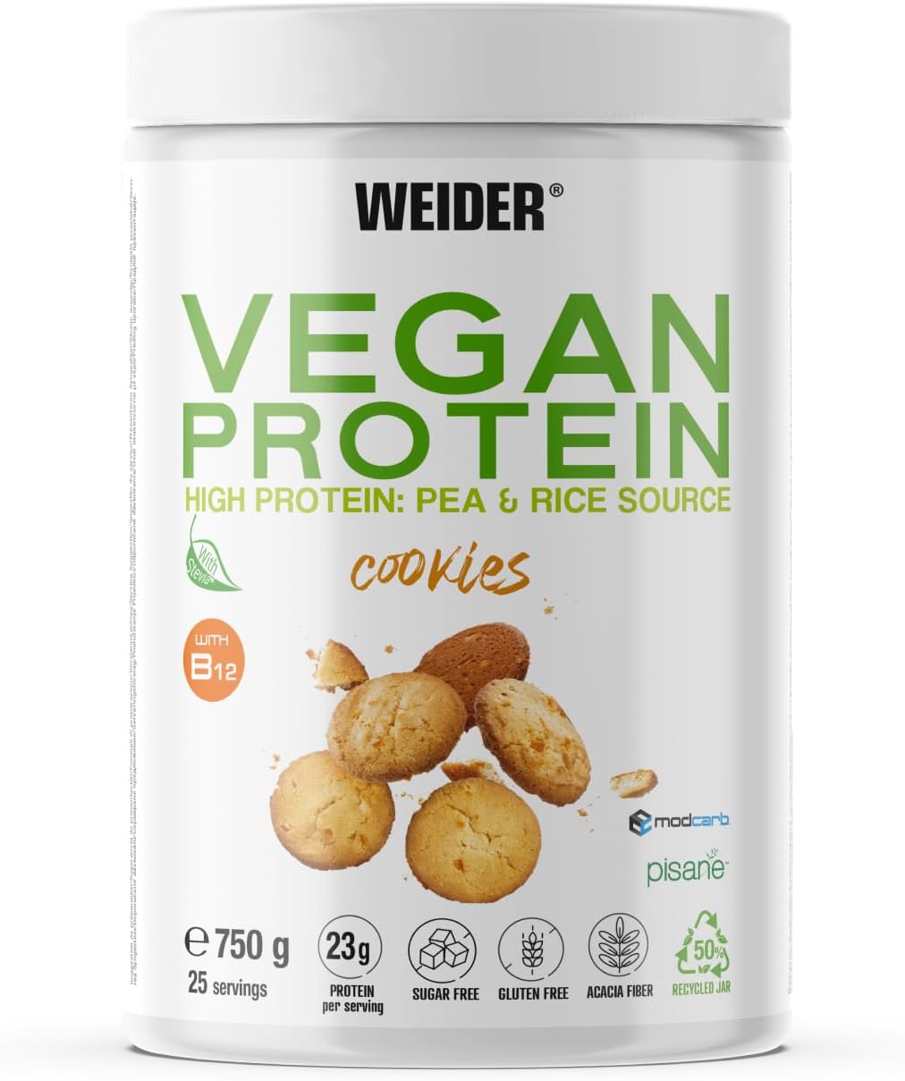 Weider Vegan Protein (750g) Cookie Flavour. 23g Protein/dose, Pea Isolate (Pisane) & Rice Protein. with Vitamin B12 & Stevia. Gluten Free, Sugar Free. Packaging 50% Recycled, 100% Recyclable