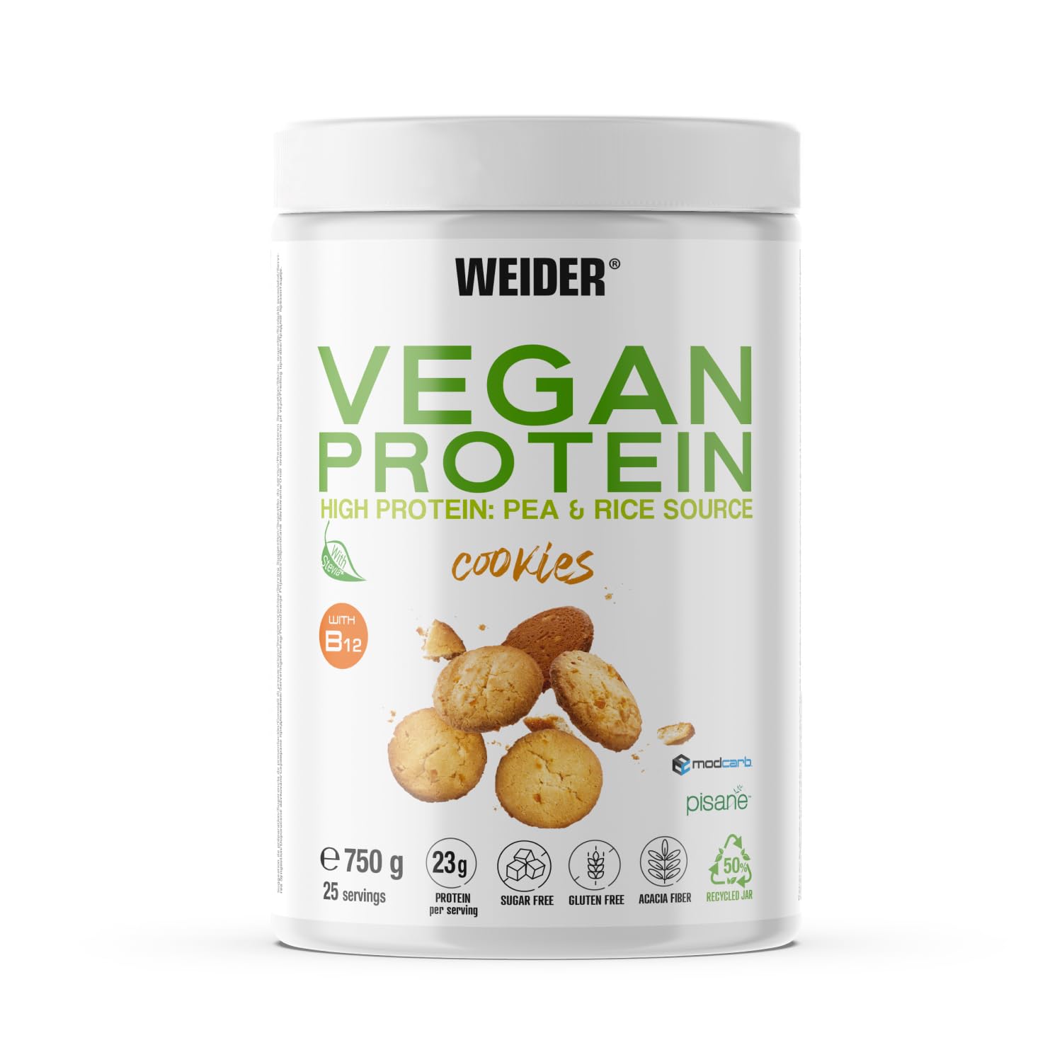 Weider Vegan Protein (750g) Cookie Flavour. 23g Protein/dose, Pea Isolate (Pisane) & Rice Protein. with Vitamin B12 & Stevia. Gluten Free, Sugar Free. Packaging 50% Recycled, 100% Recyclable