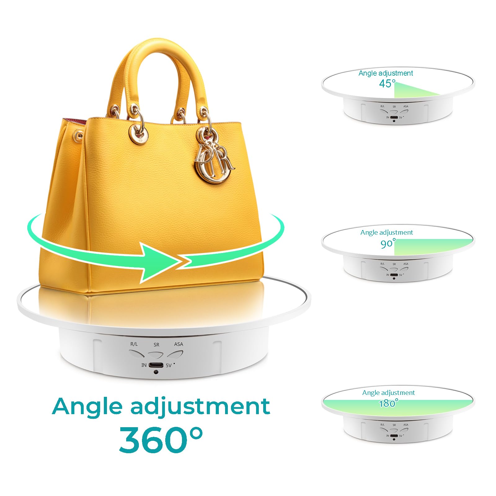 Leadleds Tocadiscos giratorio eléctrico con 5 fondos, soporte de exhibición giratorio motorizado de 360 grados para productos de fotografía, exhibición de joyas, relojes, ferias de manualidades, carga