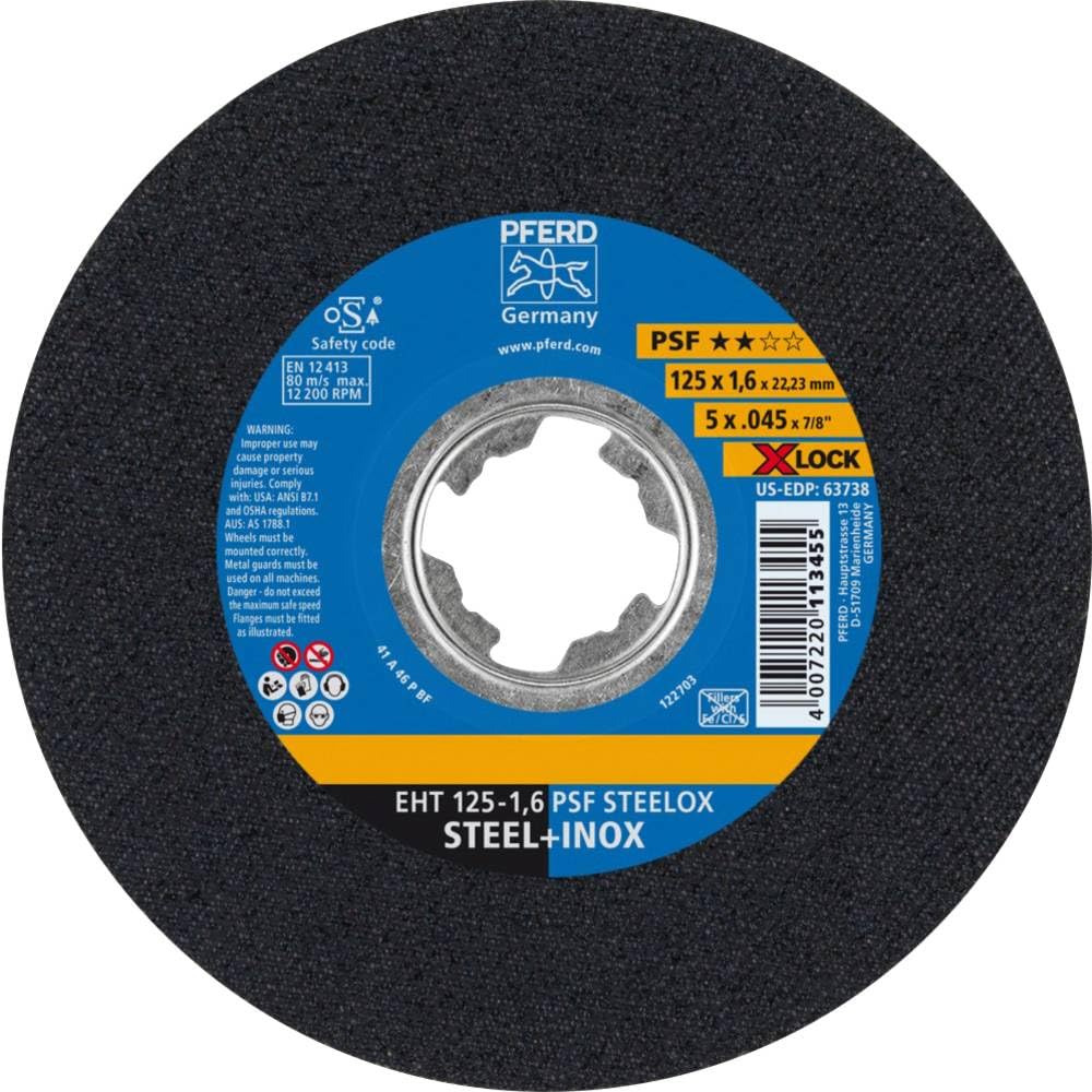 PFERD Tarcza do cięcia, 25 sztuk, 125 x 1,6 mm, prosta, X-LOCK (22,23 mm), PSF STEELOX, 61721124 – do szybkiej i wygodnej wymiany narzędzi