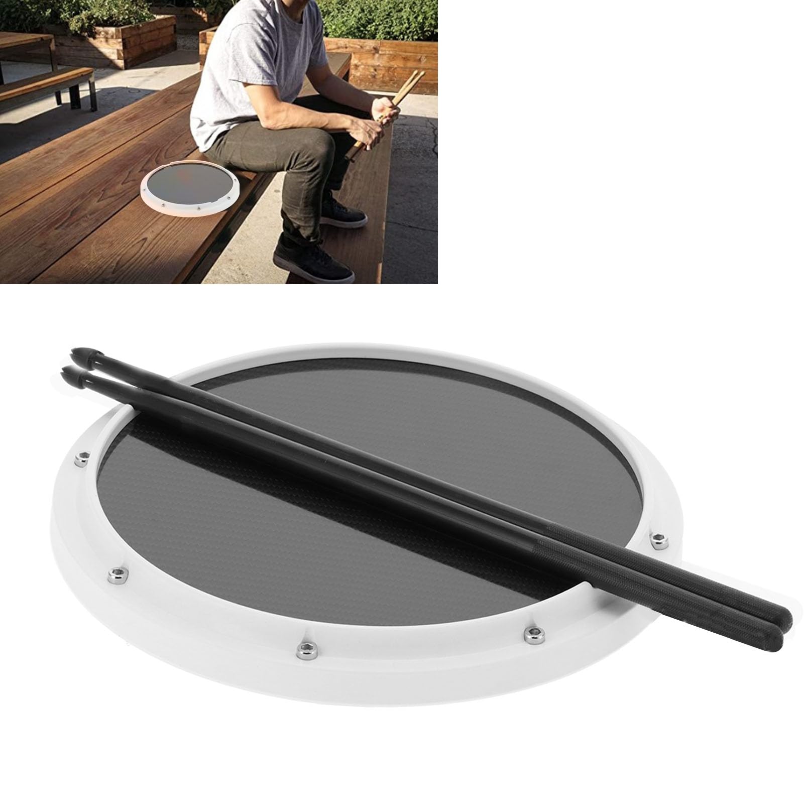 Generic Generic Drum Pad Training Mata Antypoślizgowa z Włókna Węglowego z Pałeczkami, Pochłaniająca Wstrząsy 12-calowa Podkładka Perkusyjna dla Początkujących, do ćwiczeń Perkusyjnych