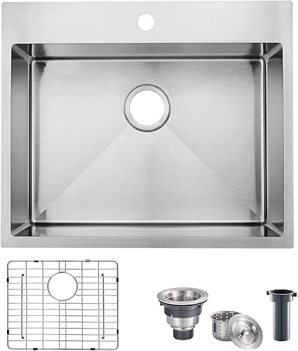 Fregadero de cocina de 25 x 22 pulgadas, montaje superior de 25 pulgadas, níquel cepillado para lavandería, montaje superior, calibre 16, acero