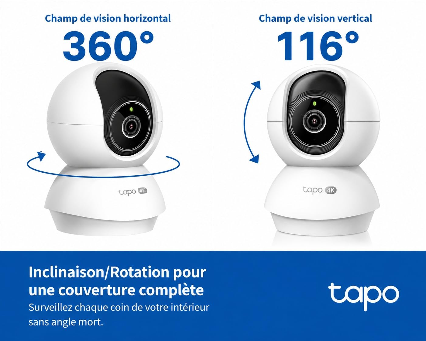 Tapo C250 Caméra de Surveillance Intérieure 4K 8MP, 360° Pan/Tilt, Détection IA Gratuite, Suivi Auto Zoom, Vision Nocturne 12m, Audio Bidirectionnel, Stockage Local