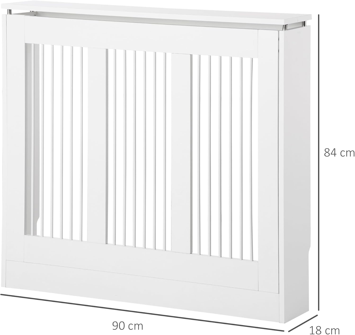 Diagram showing external dimensions of the radiator cover: 90 cm length, 18 cm width, 84 cm height