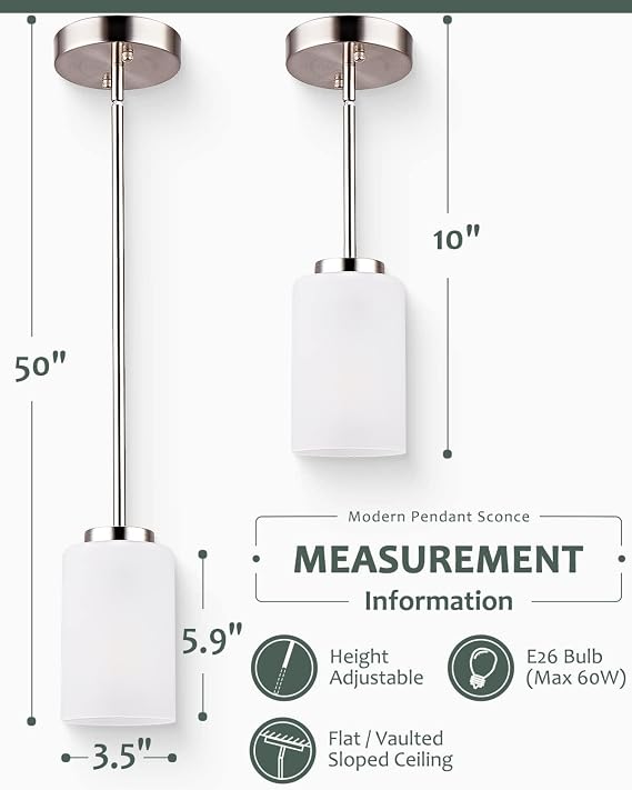 2-Light Brushed Nickel Wall Sconce Lighting Fixture with 3 Pack Brushed Nickel Mini Pendant Light Fixtures with Opal White Shades