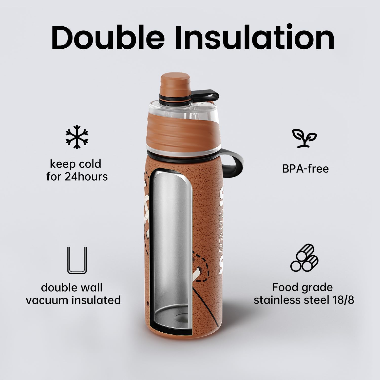 Football Water Bottle - 20oz Insulated Misting Water Bottles Stainless Steel 3D Textured - Football Accessories Gift for Kids - Image 3